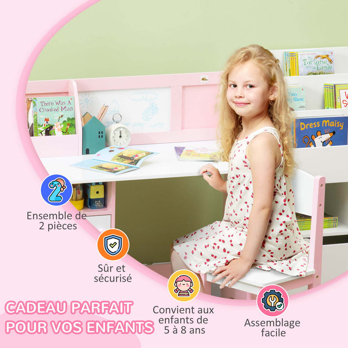 Ensemble table et chaise pour enfant avec tableau blanc - bureau pour enfant +5 ans - 90L x 45l x 85H cm rose