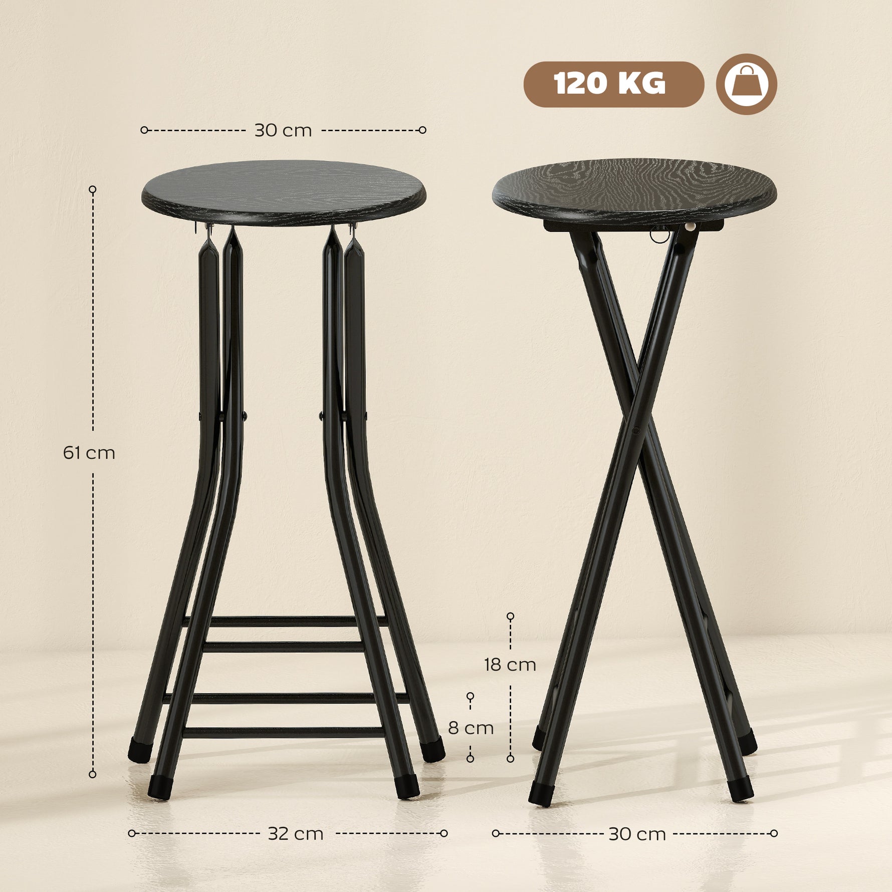Lot de 2 Tabourets de Bar Pliables, Chaises de Bar Ronds avec Double Repose-Pieds, Cadre en Acier, Noir