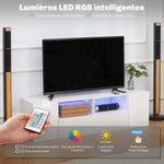 Meuble TV, banc TV, meuble de télévision, jusqu'à 60 pouces, avec lumières LED, 2 étagères et placards, panneau de porte brillant, 137 x 35 x 42 cm, blanc