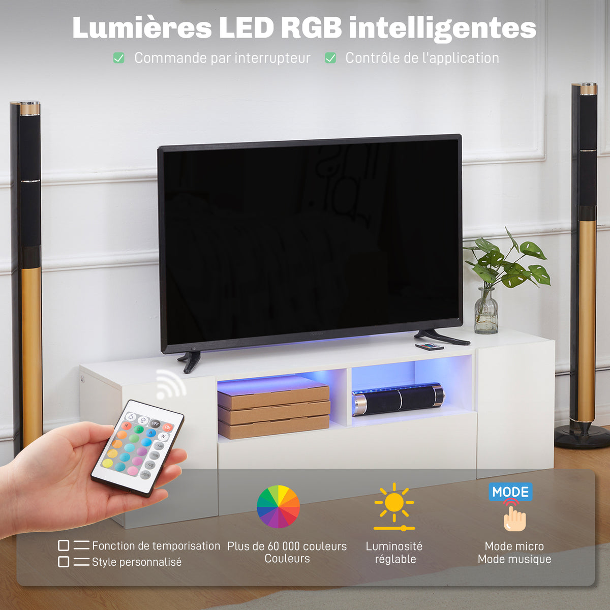 Meuble TV, banc TV, meuble de télévision, jusqu'à 60 pouces, avec lumières LED, 2 étagères et placards, panneau de porte brillant, 137 x 35 x 42 cm, blanc
