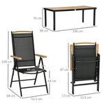 Salon de jardin extérieur 6 personnes, cadre en aluminium, table 190 cm, 6 chaises pliables et inclinables, noir