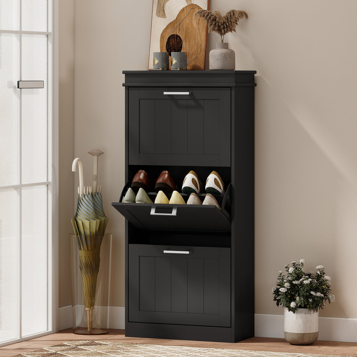 Meuble à chaussures, armoire à chaussures 3 portes abattants 15 paires, étagères réglables, 54 x 24 x 117,5 cm, noir