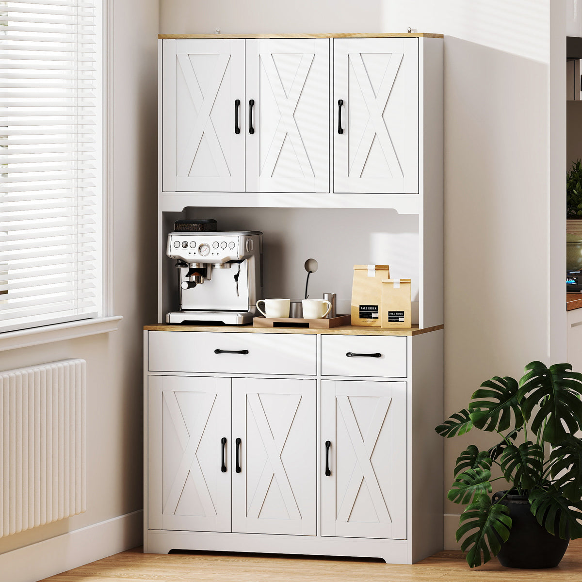 Buffet haut cuisine armoire de cuisine avec 6 portes 2 tiroirs plan de travail étagères réglables 94x39,5x175,2cm blanc