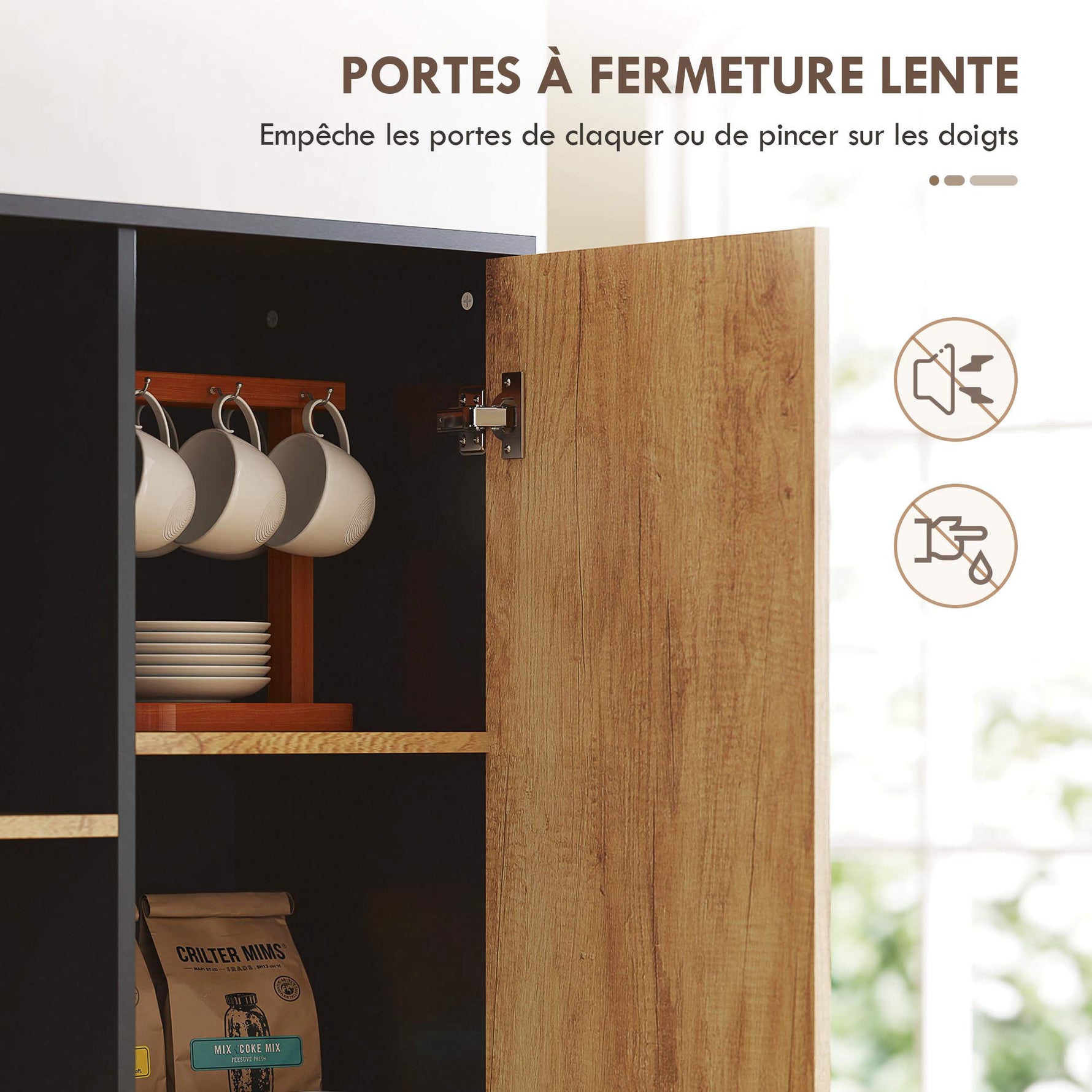 Armoire de cuisine meuble de rangement, 2 tiroirs 1 placard 2 niches et étagères réglables, 88x35x160cm, noir et naturel