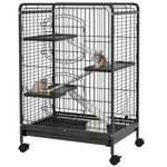 Jaula para roedores, jaula para animales pequeños con ruedas, 3 rampas, 3 plataformas, comedero y botella de agua, bandeja inferior extraíble para conejos, visones y chinchillas, acero PP, 61,5x44x95 cm, negra