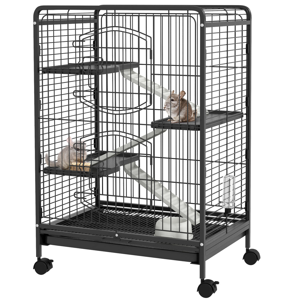 Jaula para roedores, jaula para animales pequeños con ruedas, 3 rampas, 3 plataformas, comedero y botella de agua, bandeja inferior extraíble para conejos, visones y chinchillas, acero PP, 61,5x44x95 cm, negra