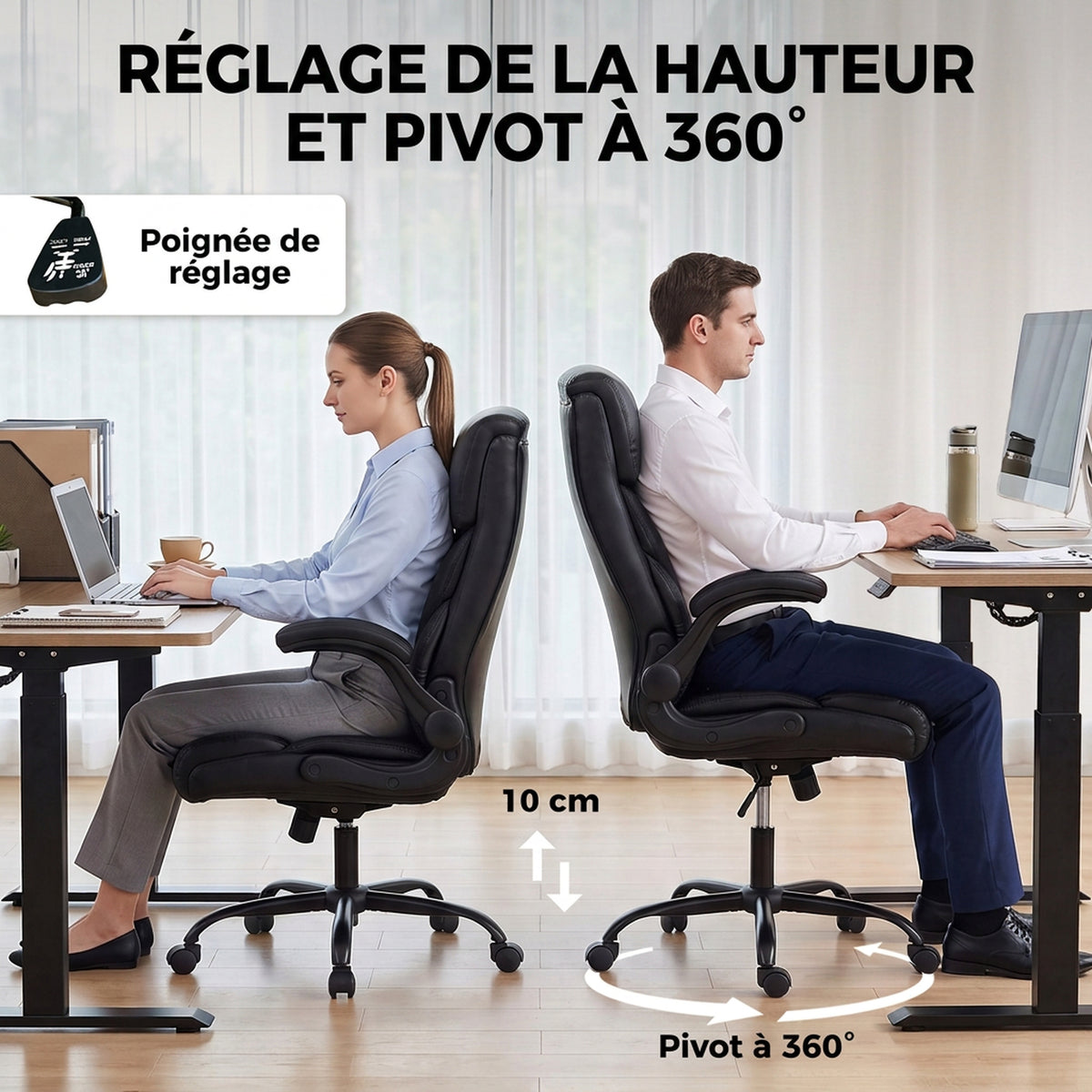 Sedia da ufficio ergonomica con braccioli sollevabili, poltrona da ufficio in PU, altezza regolabile, funzione basculante, nero