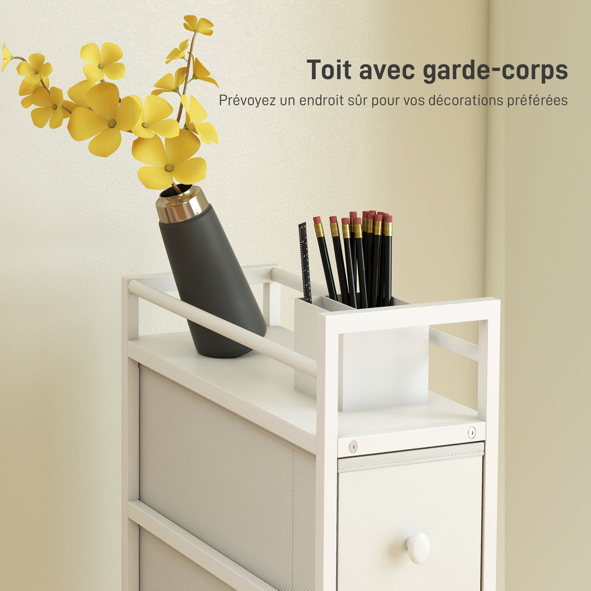 Ladekast met 4 opvouwbare stoffen lades, smalle opbergkast, moderne stijl, stalen frame, 20 x 43 x 81,5 cm, wit