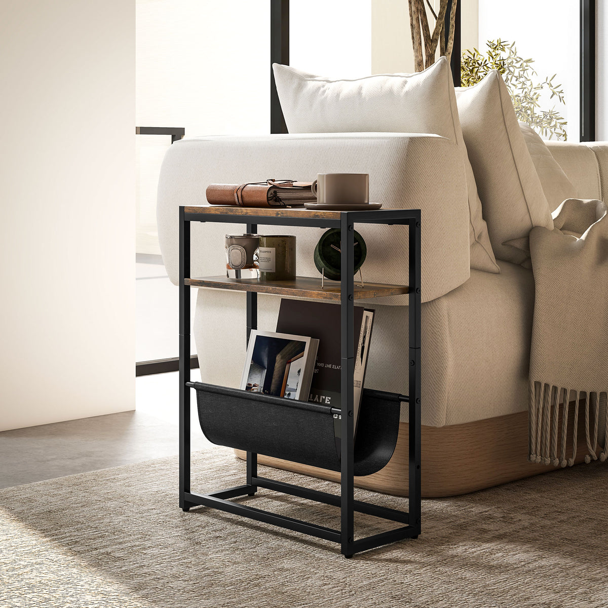 Tavolino da divano con ripiano e portariviste struttura in acciaio design industriale - 43L x 18P x 56A cm