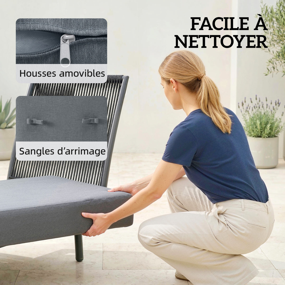 Chaise Longue de Jardin avec Coussins Lavables en Oléfine et Étagère Latérale, Cadre en Métal, 58x137x75cm, Gris