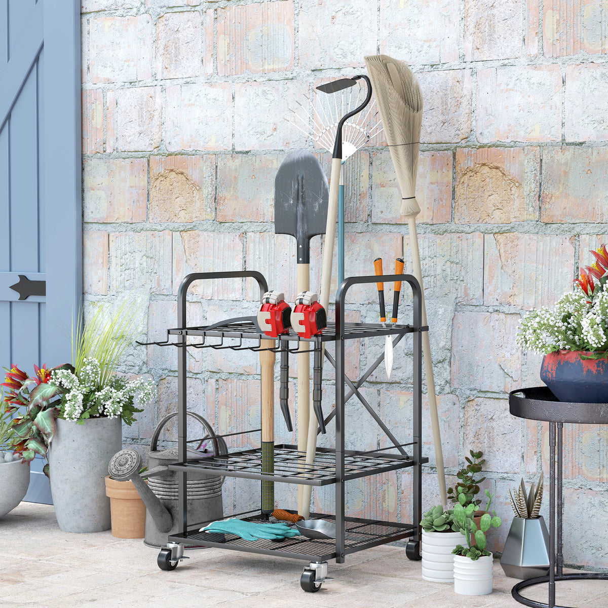 Organizzatore per attrezzi da giardino, supporto per attrezzi da giardino a 2 livelli con 40 scomparti e ruote 57 x 48 x 70 cm nero