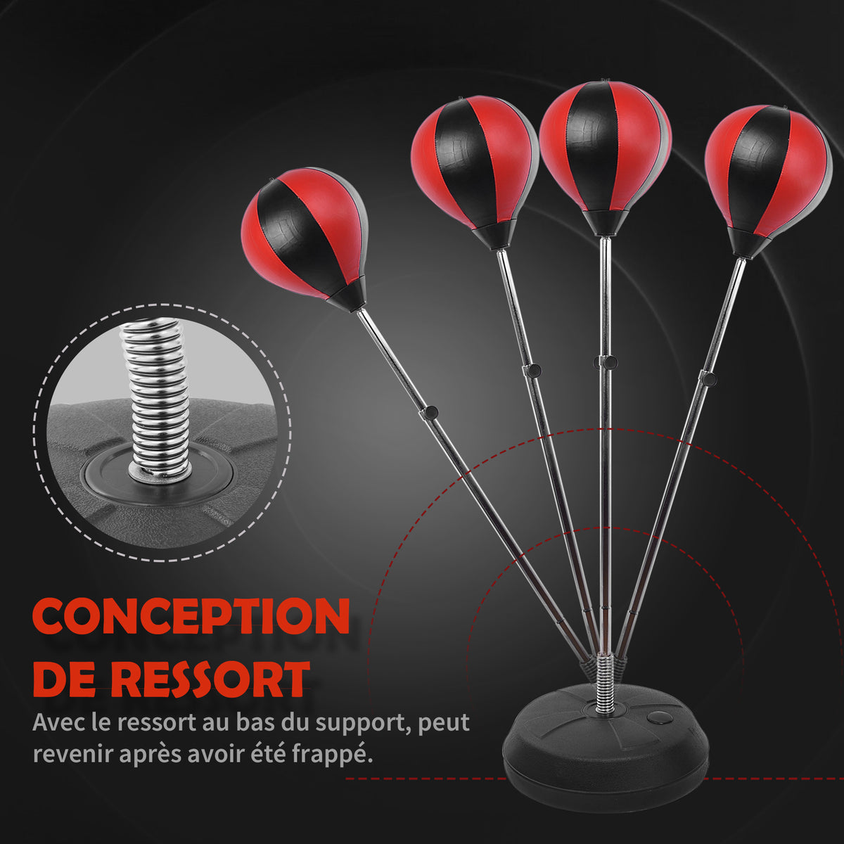 Sac de Frappe sur Pied Punching ball sur pied réglable en hauteur 126-144 cm avec gants, pompe et base de lestage pour adolescents et débutants noir et rouge