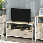 Meuble TV Bas sur Pieds Style Industriel 2 tiroirs en Tissu Gris Bois Naturel et métal Blanc
