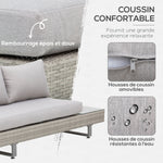 Salon de jardin extérieur d'angle 5 places design contemporain coussins déhoussables table basse acier époxy résine tressée grise