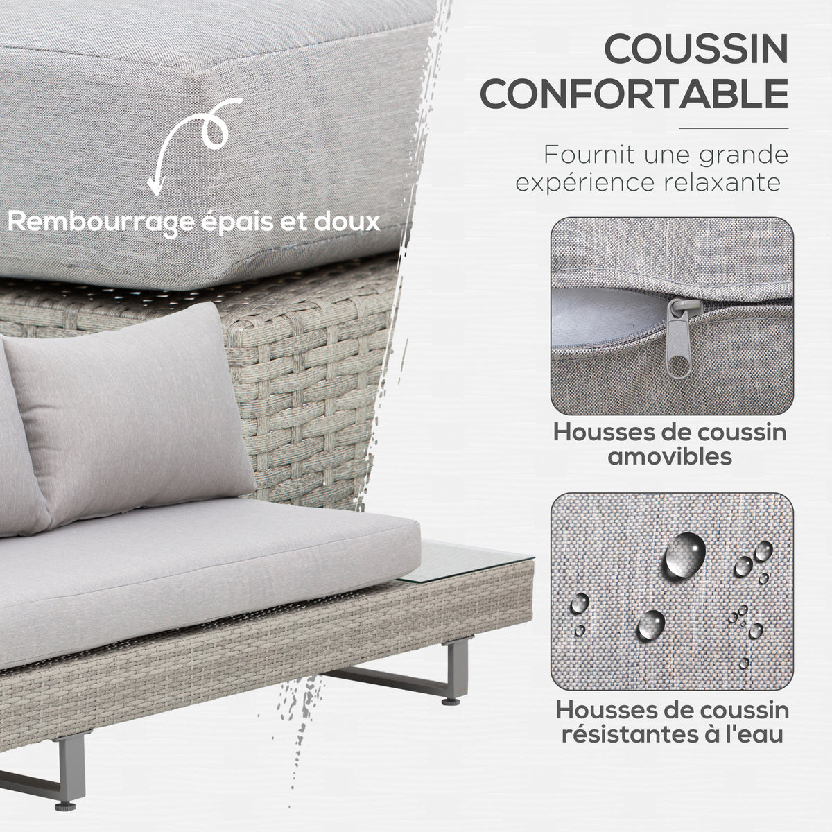 Salon de jardin extérieur d'angle 5 places design contemporain coussins déhoussables table basse acier époxy résine tressée grise