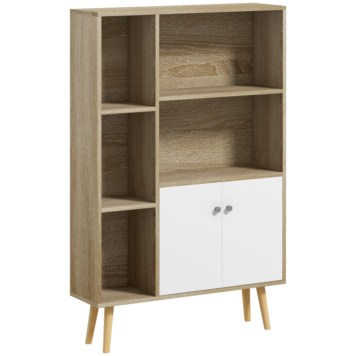Bibliothèque scandinave meuble de rangement dim. 80L x 23,5l x 123H cm 5 niches placard 2 portes pieds effilés inclinés