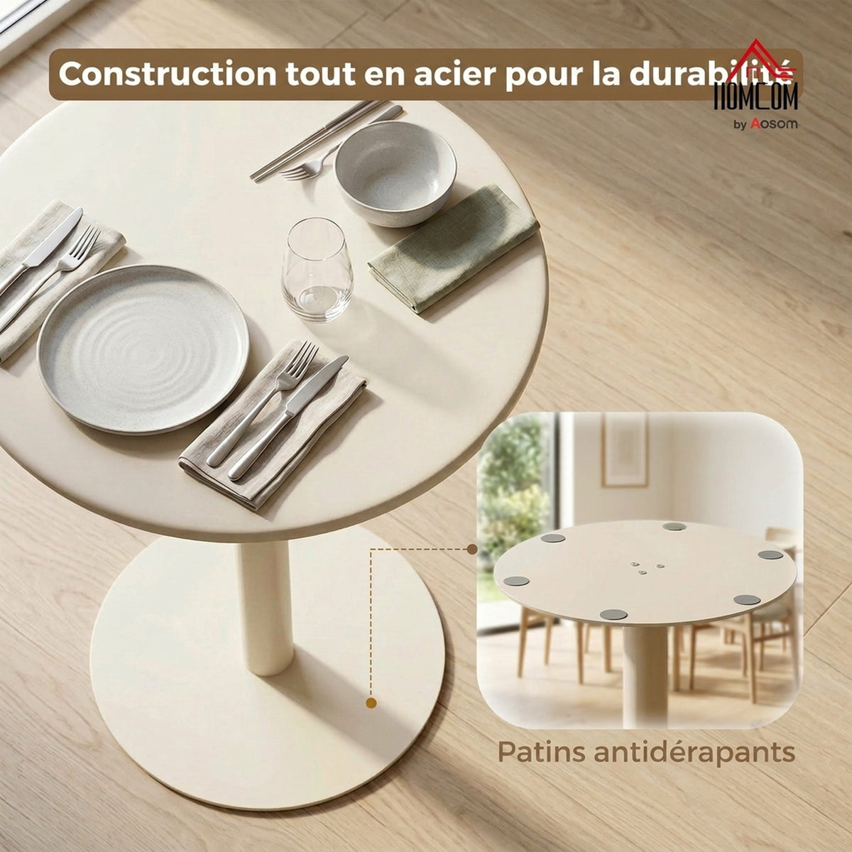 Tavolo da Pranzo Rotondo per 2 Persone Ø60 cm, Moderno con Base Rotonda, Struttura in Acciaio, per Interni ed Esterni, Beige