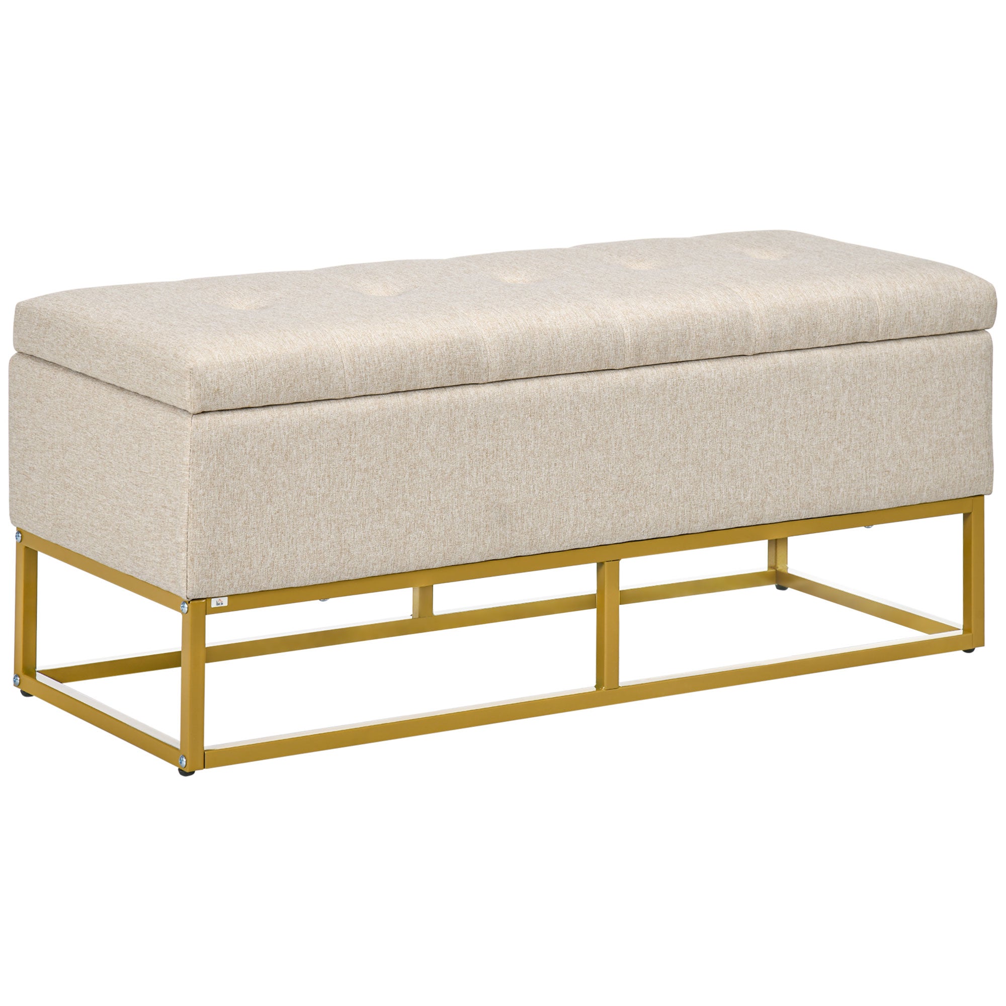 Banc banquette coffre de rangement 2 en 1 assise capitonnée et pieds acier 110 x 44 x 48 cm beige et doré