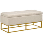 Banc banquette coffre de rangement 2 en 1 assise capitonnée et pieds acier 110 x 44 x 48 cm beige et doré