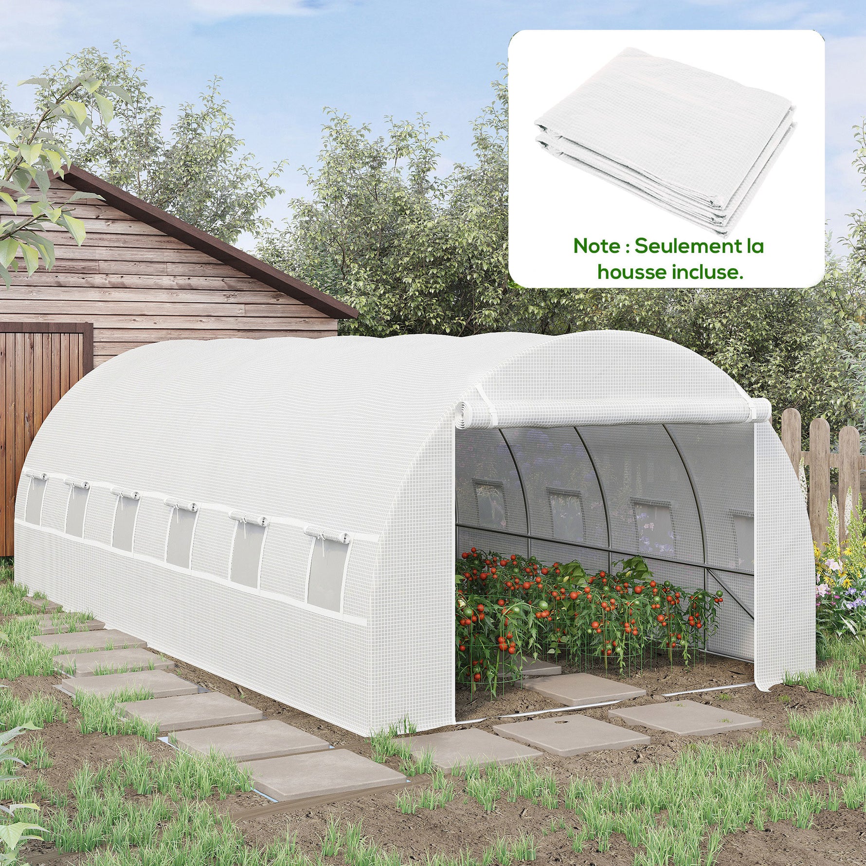 Bâche de Rechange Serre Tunnel 18 m², bâche 6L x 3l x 2H m PE Anti-UV imperméable 12 fenêtres + Porte Enroulable zippée