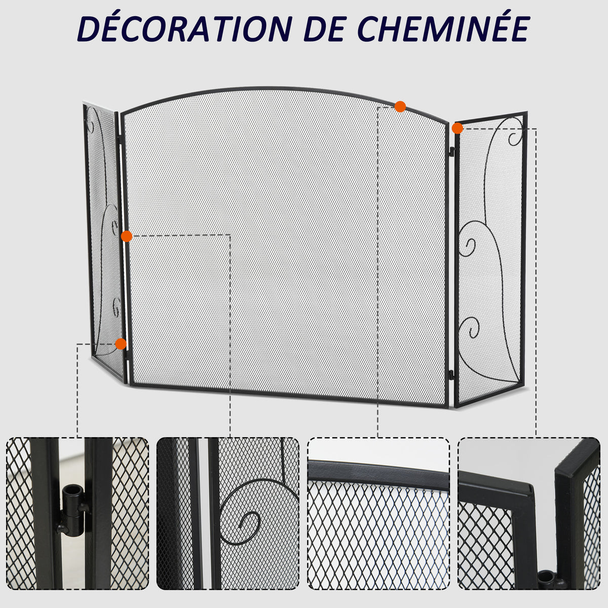 Pare-feu pour cheminée ou poêle design élégant Pare-étincelles 3 Volets Pliables dim. 132,5L x 76,5H cm Acier métal Noir