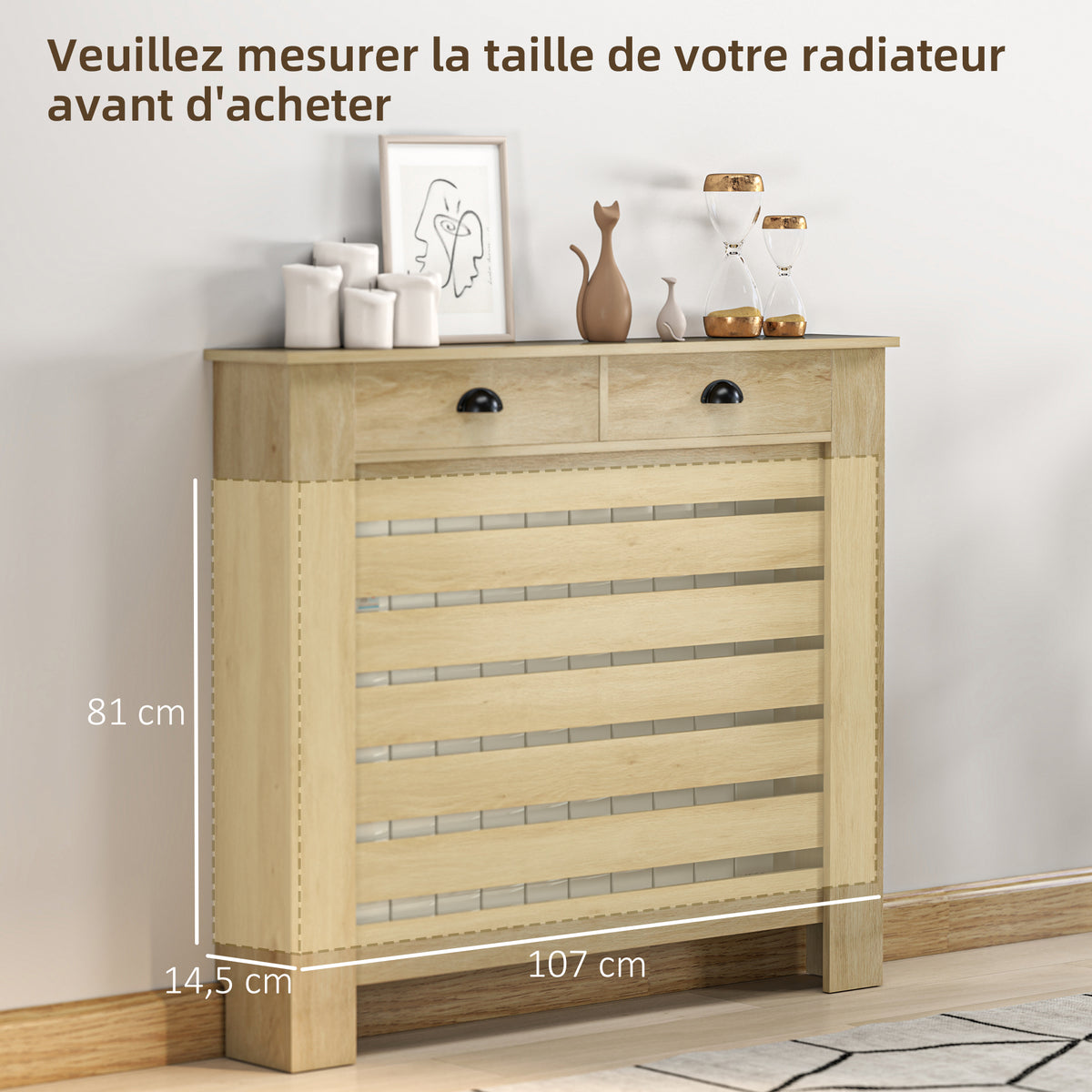 Heizkörperverkleidung mit horizontalen Lamellen und 2 Schubladen aus Holz 111L x 19T x 95,5H cm Eiche