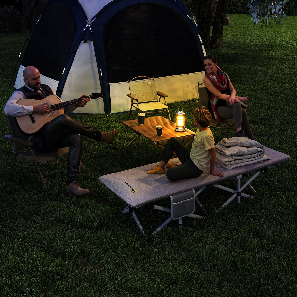 Cama de camping plegable con colchón, tumbona, silla reclinable y bolsa de almacenamiento integrada, dim. 185L x 65l x 37H cm, gris