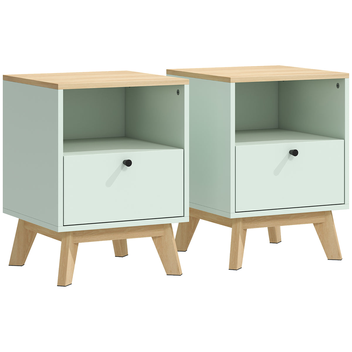 Lot de 2 tables de chevet, tables de nuit avec tiroir et compartiment ouvert, 40 x 40 x 55 cm, chêne et vert clair