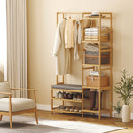 Bamboe halmeubel, kapstok, bank, gestoffeerde zitting, 10 haken, kledingroede, 104x33x175cm, naturel