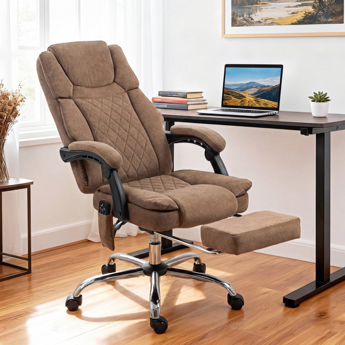 Vibrating and Heated Massage Office Chair, Ergonomic Printed Velvet Desk Chair, Reclining Backrest, Brown