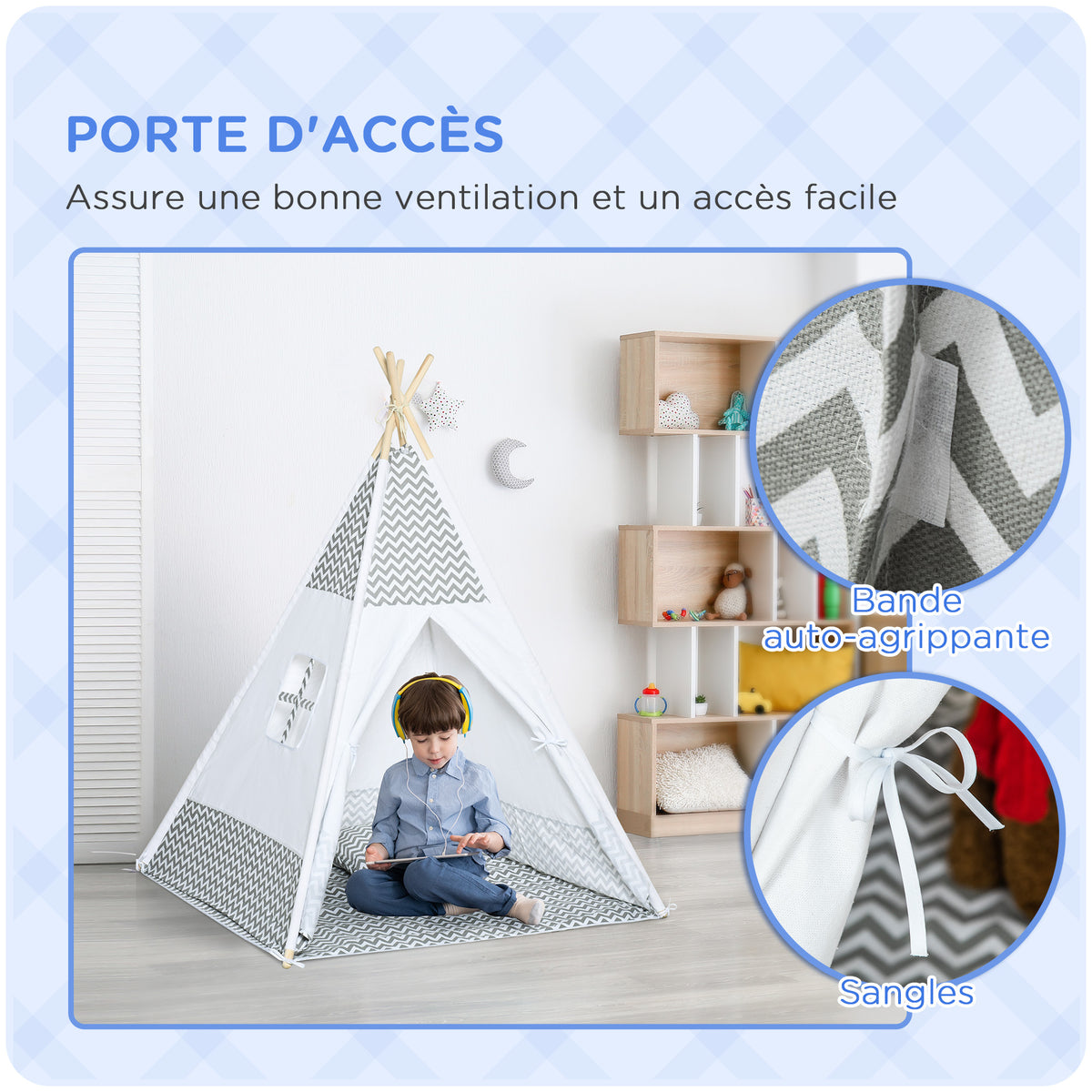 Tente Teepee Indien Tente de jeu pour Enfant Style Graphique - dim. 1,2L x 1,2I x 1,55H m - Porte refermable Fenêtre Tapis Coussin Sac Transport Inclus - à l'Intérieur à l'Extérieur Gris Blanc