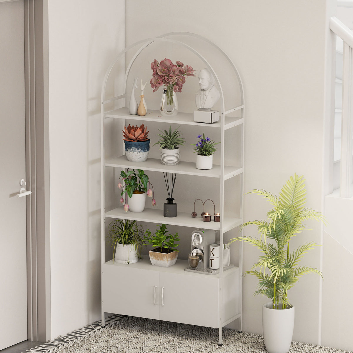 Étagère de rangement, bibliothèque arquée à 4 niveaux avec placard double porte, 80 x 30 x 187 cm, blanc