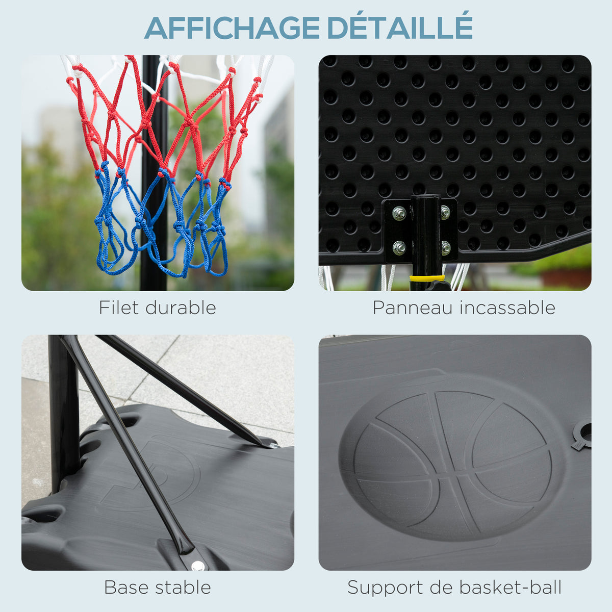 Panier de basket extérieur hauteur réglable 197,5-254 cm panier de basket sur pied à roulettes base remplissable noir
