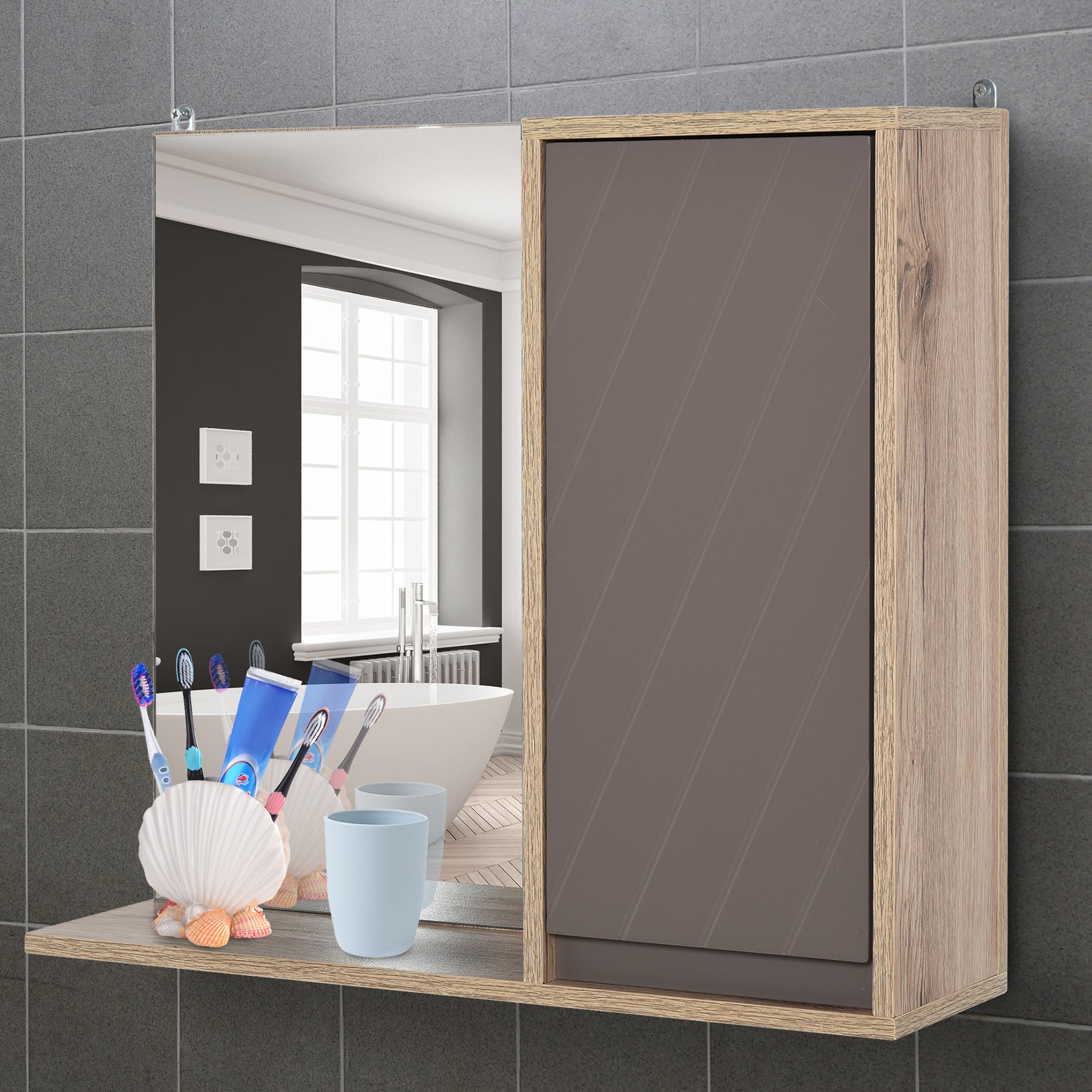 Miroir de Salle de Bain avec étagère et Placard - système Fixation intégré - Panneaux Particules chêne Clair Gris