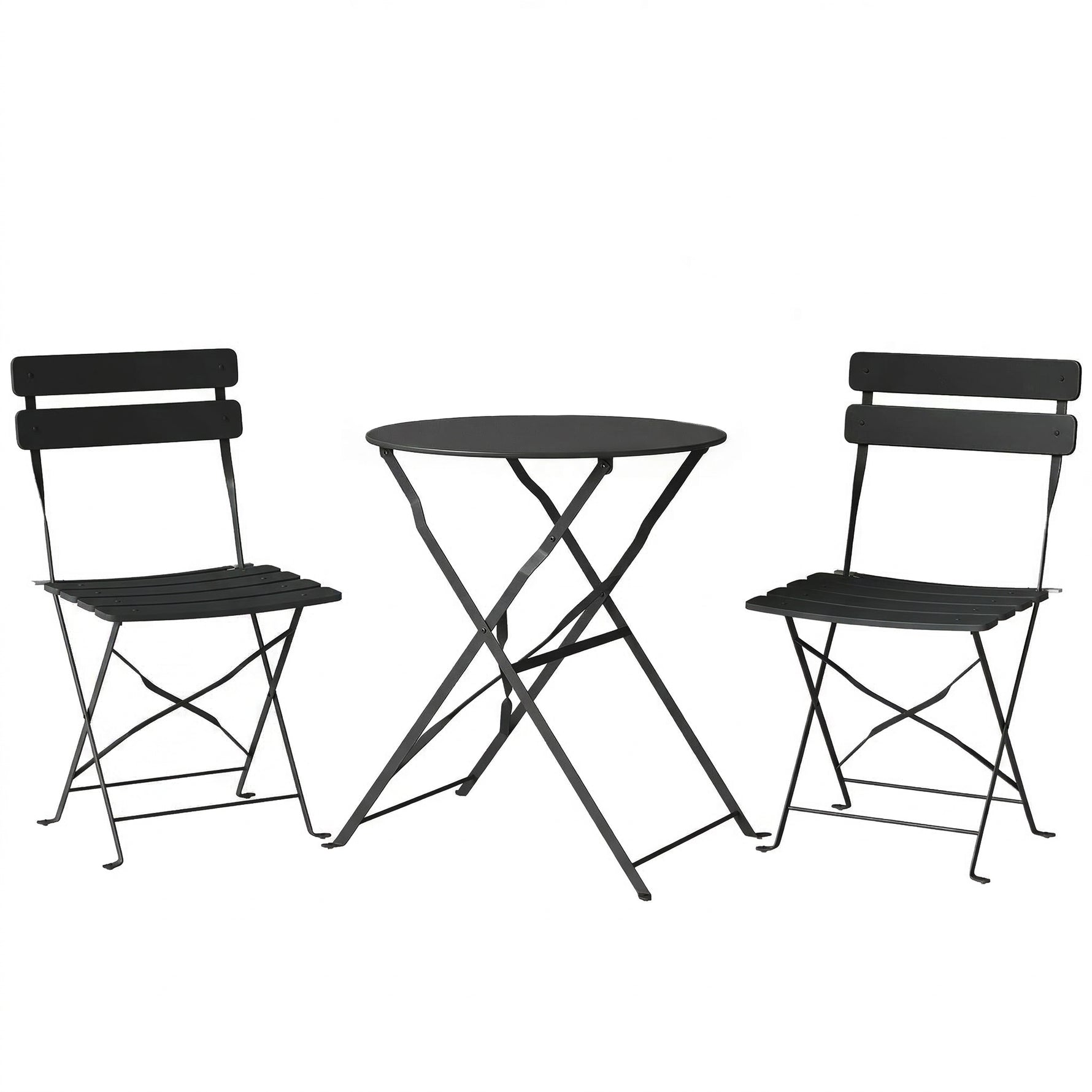 Ensemble Bistrot de Jardin 3 Pièces Table et 2 Chaises Pliantes à Lattes Double Protection Antirouille Noir