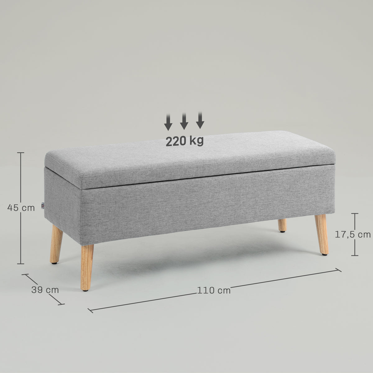 Banc coffre rangement rembourré aspect lin pour chambre à coucher, entrée, salon, charge 220 Kg, 110 x 39 x 45 cm, gris