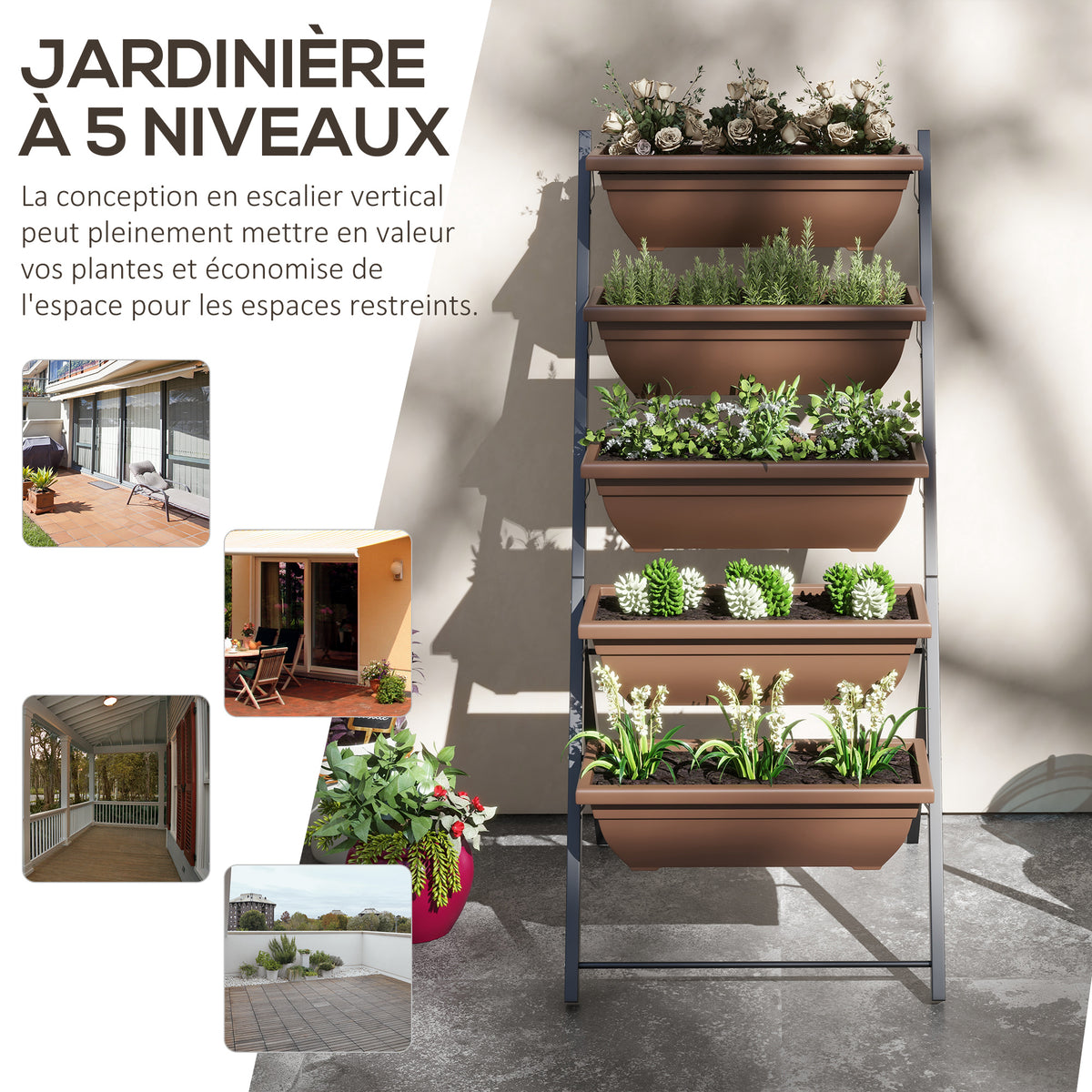 Jardinière surélevée avec étages jardinière verticale avec 5 bacs à fleurs trous de drainage cadre en acier marron