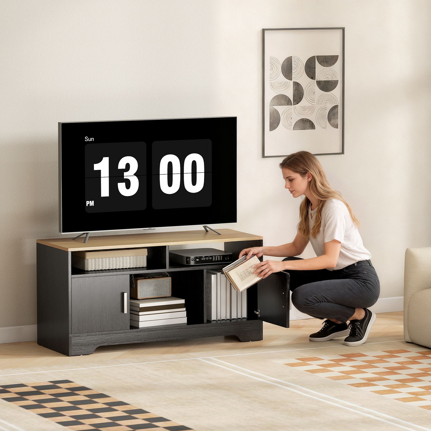 Meuble TV banc TV en bois avec 2 niches 2 armoires à porte une armoire ouverte 105 x 40 x 52 cm effet bois noir