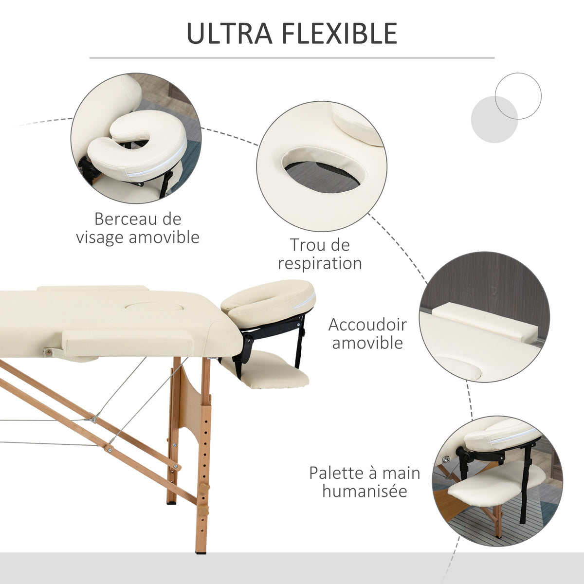 Lit/Table de Massage cosmetique Pliable en Bois 2 Zones crème