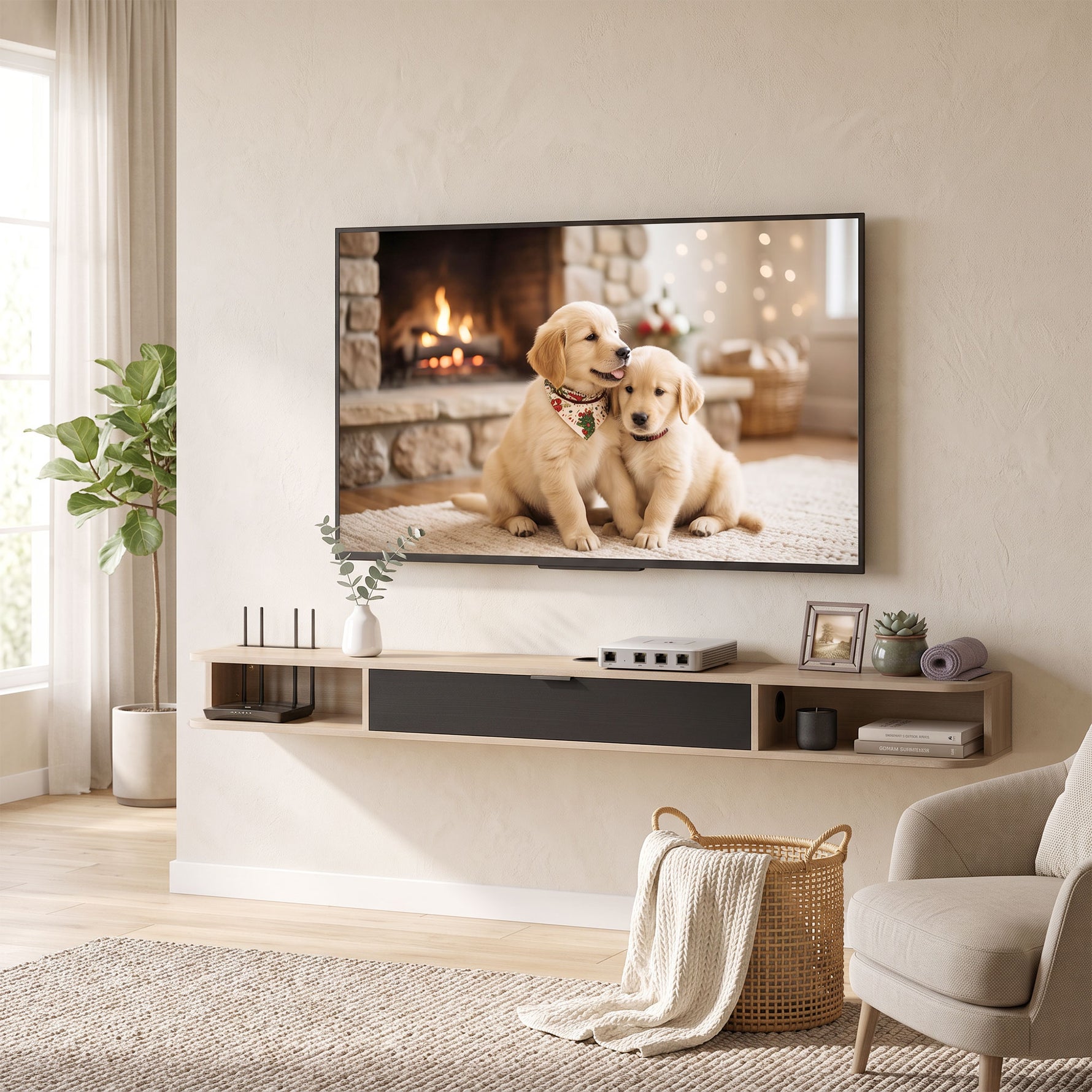 Meuble TV suspendu, meuble télé pour téléviseur jusqu'à 75 pouces, tiroir rabattable 2 étagères 180x24x16cm bois naturel