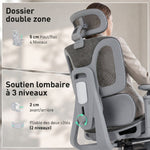 Chaise Bureau Ergonomique avec Accoudoirs 6D Appui-Tête et Profondeur d'Assise Réglables Maille Gris