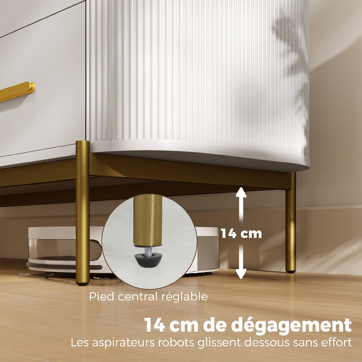 Buffet Salon, Meuble de Rangement avec 2 Portes, 3 Tiroirs, Étagère Réglable et Façade Rainurée, 140x44x79cm, Gris Clair