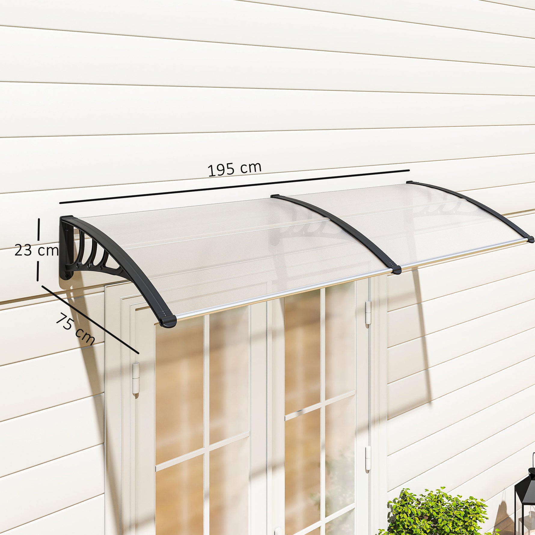 Auvent de porte d'entrée, toit marquise de porte exterieur en polycarbonate et profil aluminium résistante toit abri protection contre la pluie et UV pour terrasse, balcon, 195x75cm, transp.