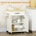 Desserte de cuisine à roulettes multi-rangements 1 tiroir 1 placard 1 portes-torchons blanc et plateau en bois