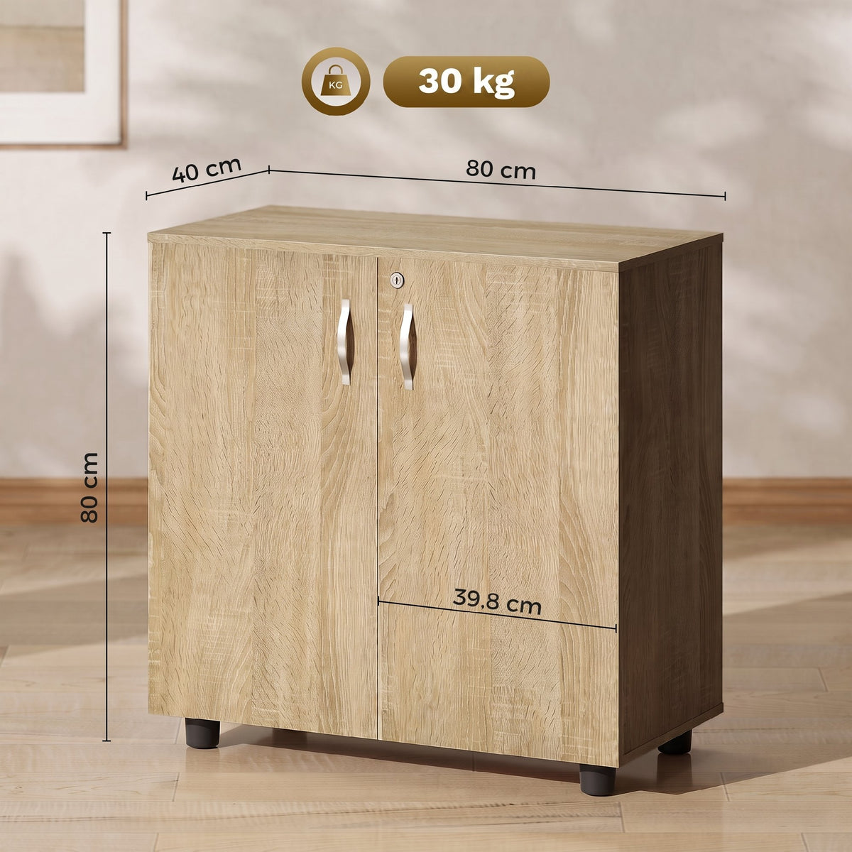 Armoire de bureau à 2 niveaux, meuble de rangement bureau avec 2 portes, serrures et clés, 80x40x80cm, chêne