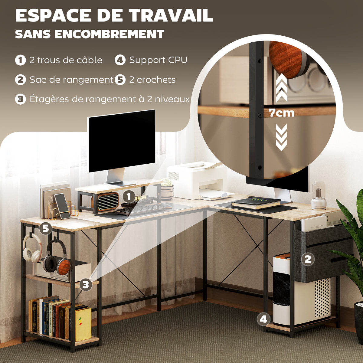 Modulair omkeerbaar hoekbureau 168-240 cm industriële stijl - verstelbare plank, opbergtas, monitorsteun
