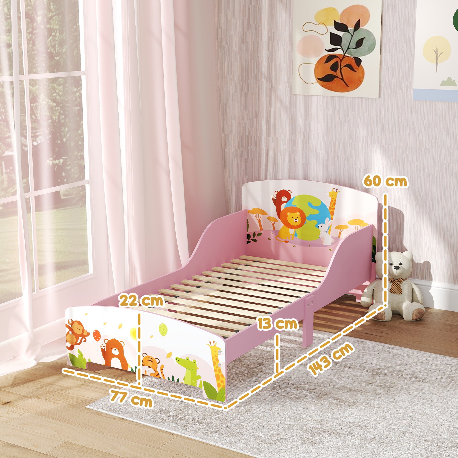 Lit Enfant 70x140 cm motif animal 140 x 70 cm avec sommier à lattes en bois design bas sécurisé rose