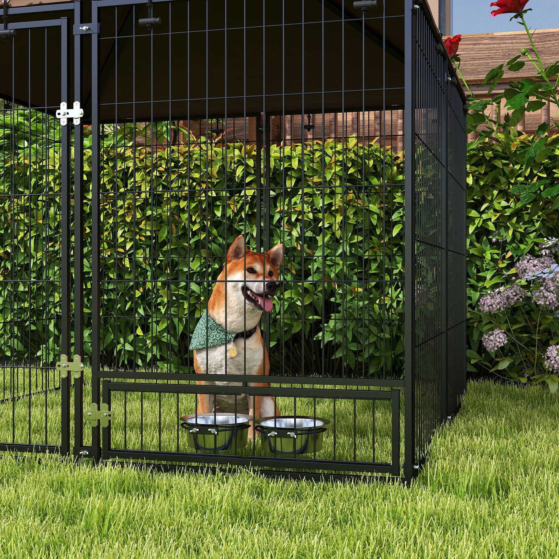 Chenil extérieur pour Chiens en métal et Tissu Oxford Support gamelle et Toit résistant aux intempéries Espace spacieux