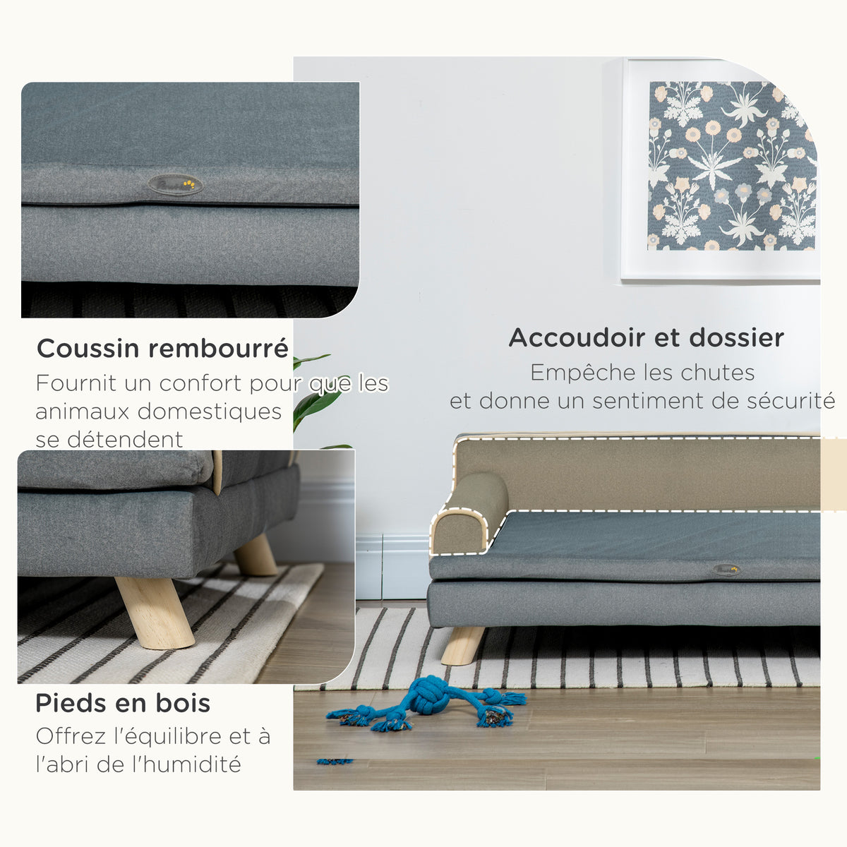 Canapé pour chien chat design scandinave coussin moelleux amovible pieds bois massif 100 x 62 x 32 cm gris