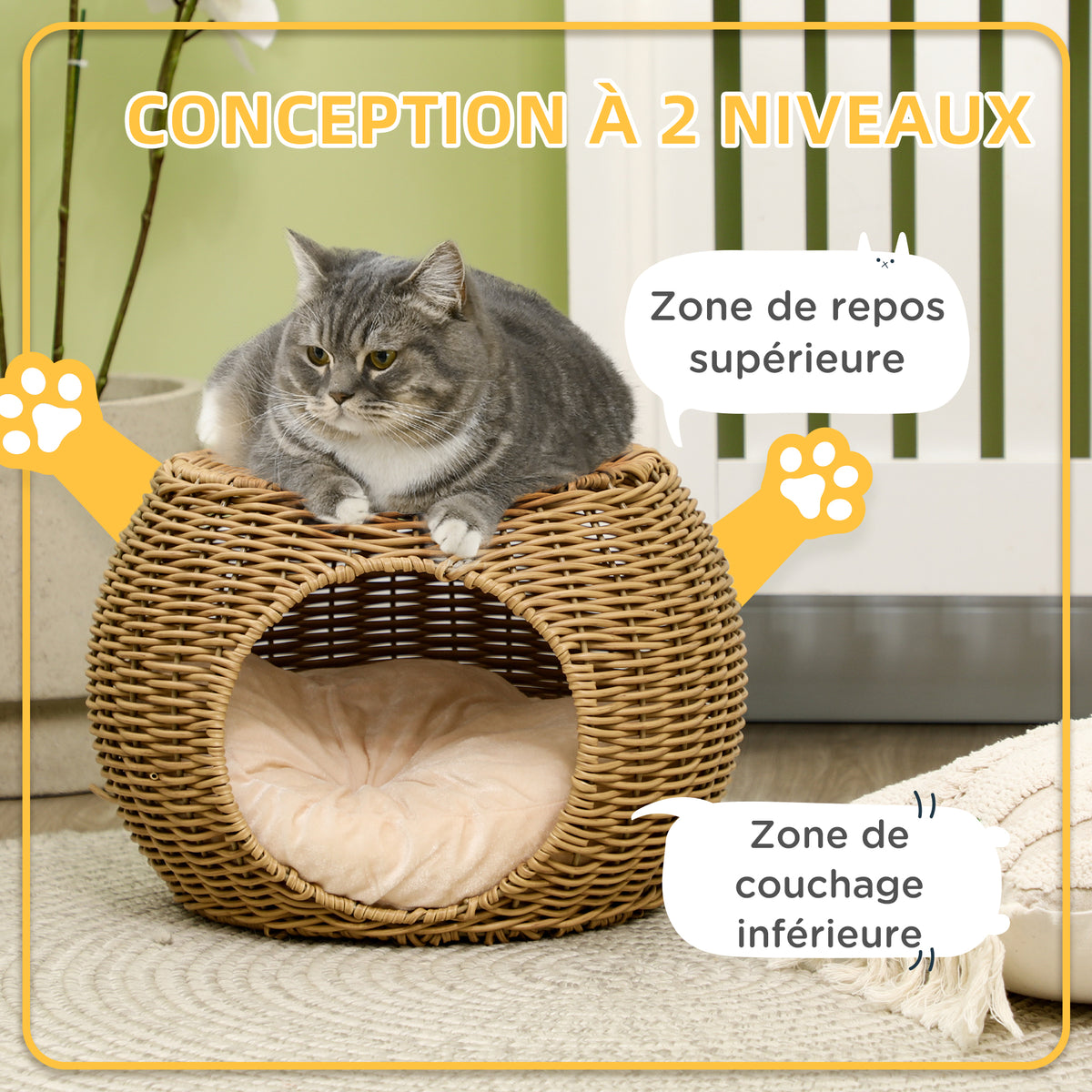 Niche panier maison pour chat 2 niveaux en résine tressée aspect rotin avec 1 coussin doux Ø 40 x 30 cm marron clair